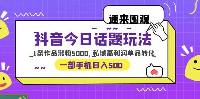 项目-抖音今日话题玩法，1条作品涨粉5000，私域高利润单品转化 一部手机日入500骑士资源网(1)